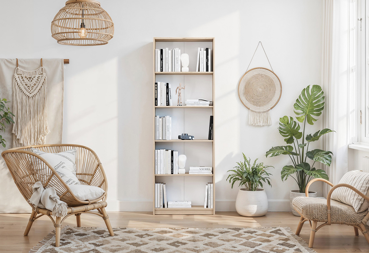 Απεικονίζεται η βιβλιοθήκη γεμάτη με κουτιά αποθήκευσης, βιβλία και διακοσμητικά σε ένα σαλόνι.